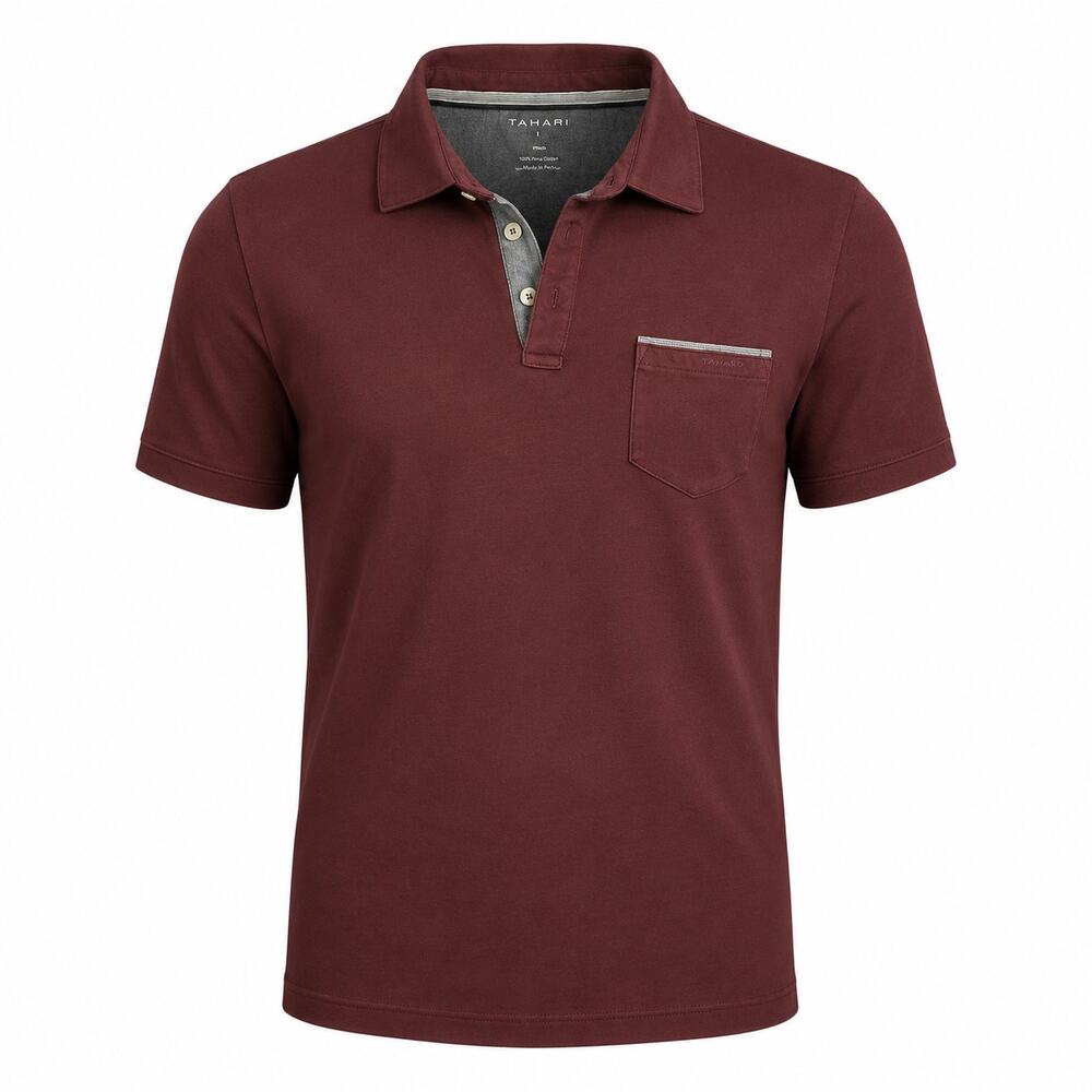 Tahari Mens Polo Shirt Burgundy Pocket Golf Casual Short Sleeve Large
